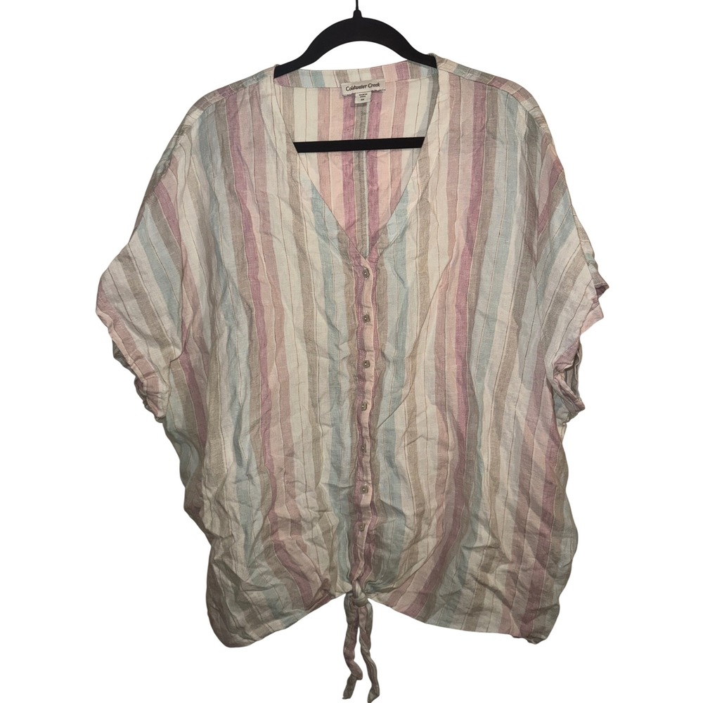 Coldwater Creek 100% Linen Striped Tie Front Blouse Pastel Pink Blue 3X Plus